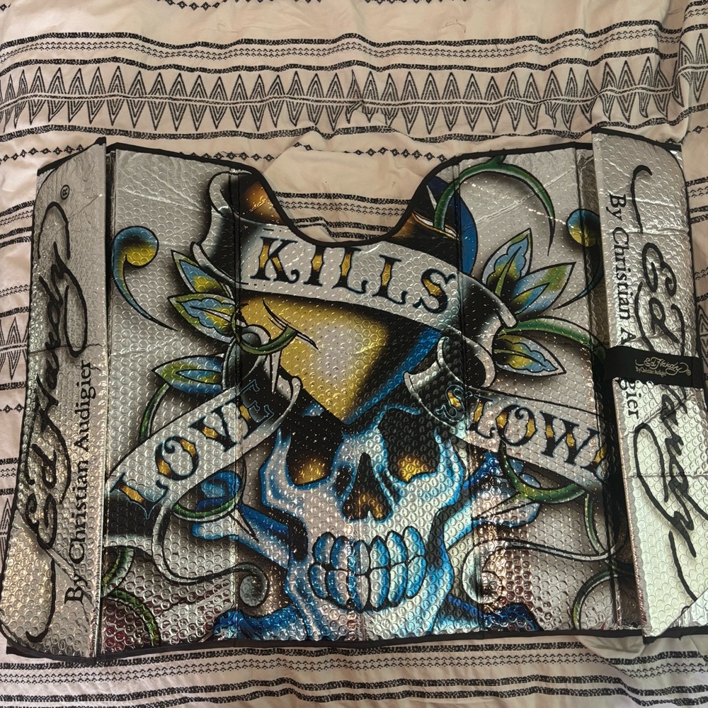 Ed Hardy Silver and Black Graphic Windshield Accordion SunShade